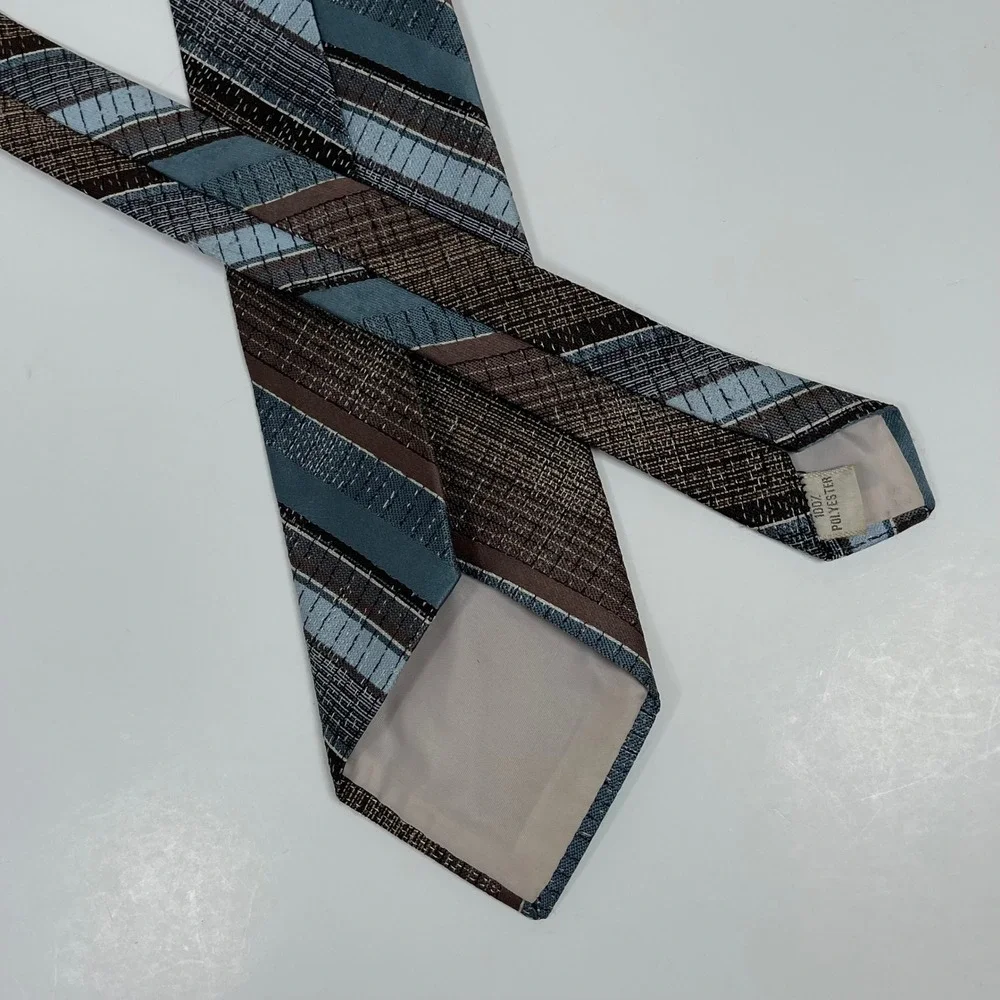 Vintage Striped Necktie Mens Brown Blue Textured Woven Retro 70s MCM Earth To e